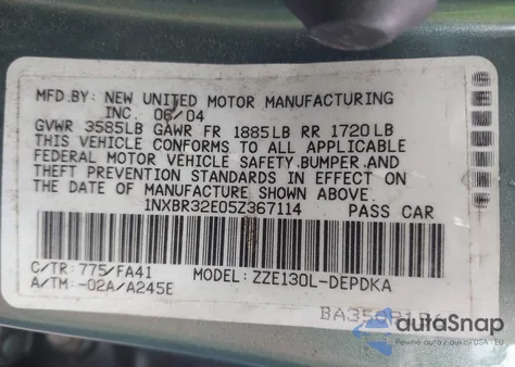 2005 Toyota Corolla Ce z USA, uszkodzony, nr VIN 1NXBR32E05Z367114